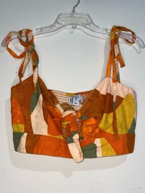 Noel Target Orange Green Yellow Geometric Tan Bow Front Linen Blend Crop Top